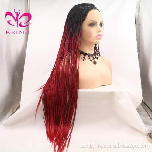 African American full box braided ombre  synthetic lace front wig 1b red box braid synthetic wig for black women